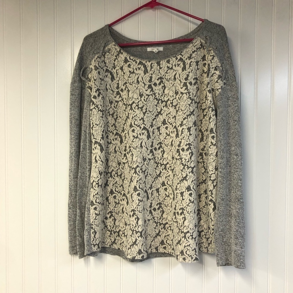 Maurices Gray and Cream Lace Long Sleeve Top XL Crewneck Pullover